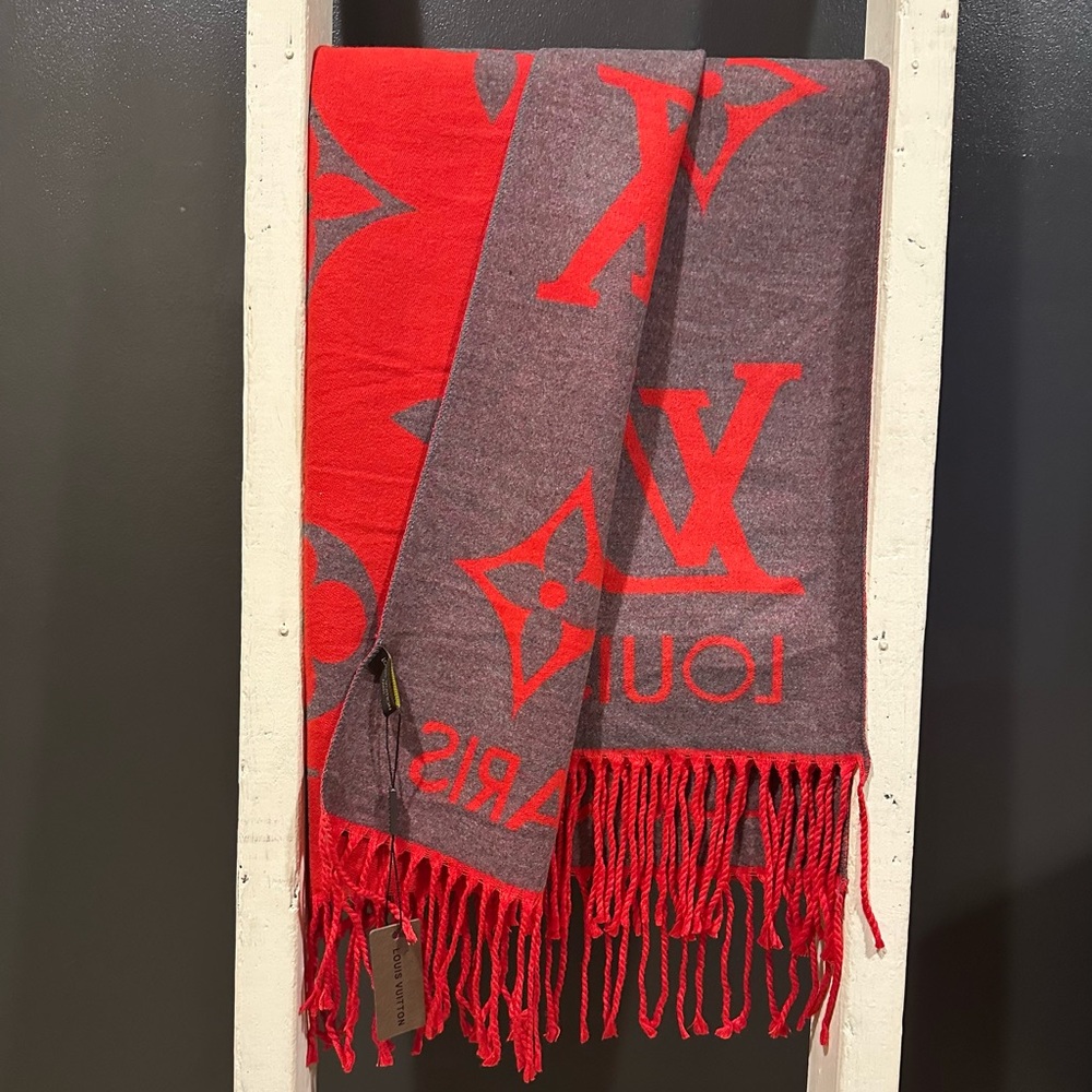 Beautiful cashmere and silk red and gray designer scarf!